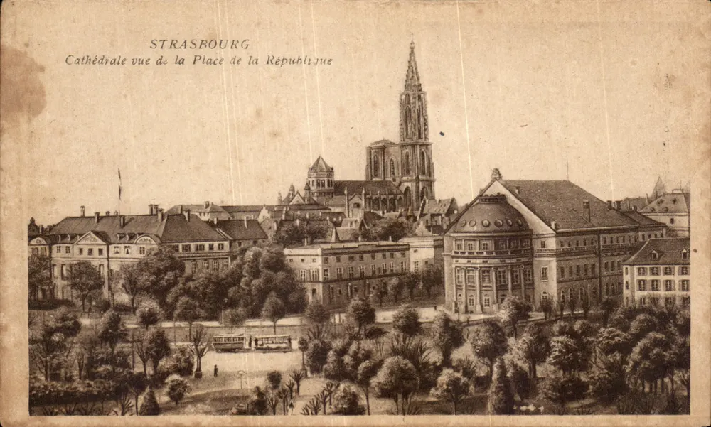 Strasbourg — Cathédrale vue de la Place de la République — Maison d'édition d'art alsacien, rue Gustave-Doré - Recto