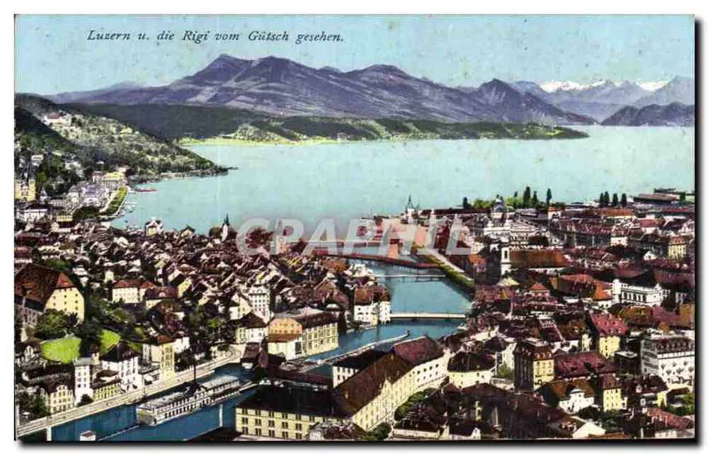 Lucerne und die Rigi vom Gütsch gesehen — luftige Ansicht der Stadt und des Sees mit Bergen im Hintergrund - Vorderseite