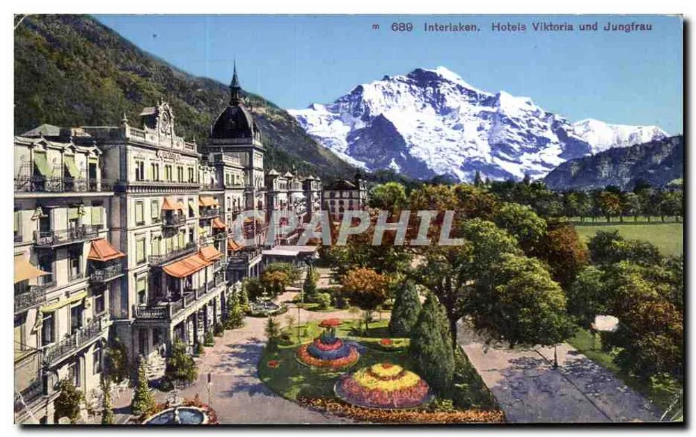 Interlaken — Ansicht der Hotels Viktoria und Jungfrau mit dem Jungfraujoch im Hintergrund — Verlag 'Interlaken' n° 689 - Vorderseite