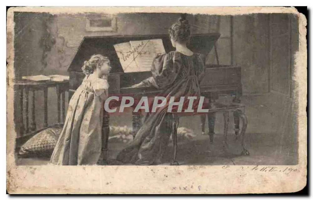 Femme et enfant devant un piano — scène intérieure — éditeur H. T. E. (imprimé sur la carte) n° XIX 8 - Frente