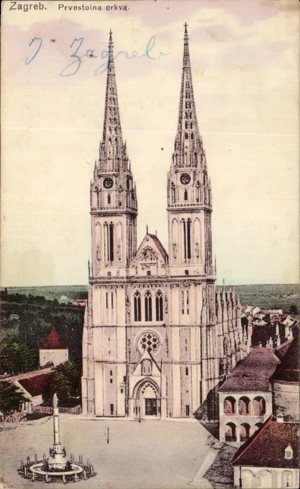 Zagreb. Prvostolna crkva — Ansicht der Kathedrale mit Brunnen — unbekannter Verlag, Seriennummer 12903 - Vorderseite