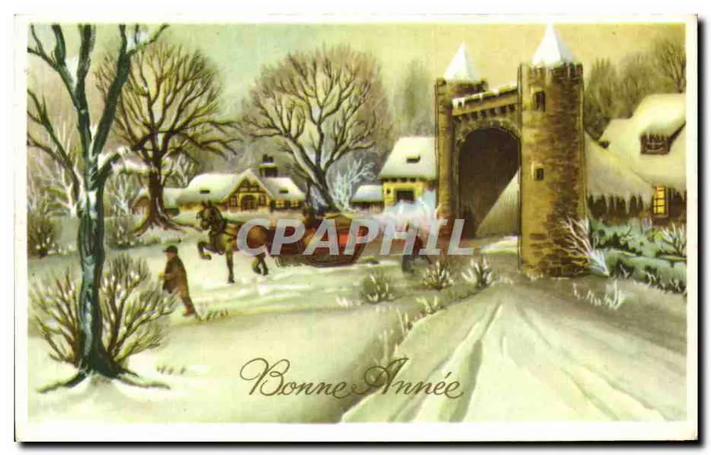Winterlandschaft mit Kutsche — Frohe Weihnachten — JC - Vorderseite