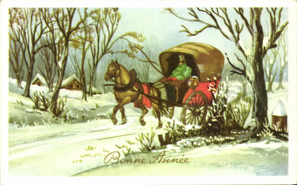 Winterlandschaft mit einer Kutsche — Frohe Neujahr — Verlag nicht sichtbar - Vorderseite