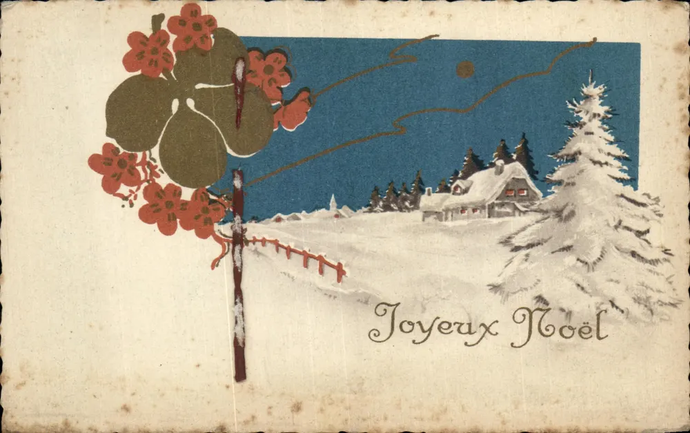 Winterlandschaft — schneeverdecktes Haus und Tannenbaum — Text 'Frohe Weihnachten' — Nr. 5015 - Vorderseite
