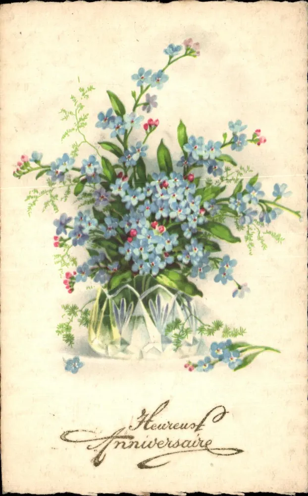 Blumenstrauß aus blauen Blüten — Geburtstag — kein Verlag oder Nummer sichtbar - Vorderseite