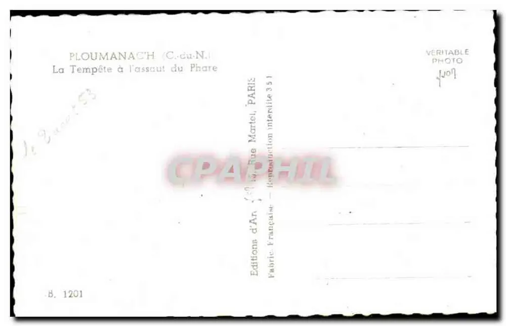 PLOUMANACH (C. du N.) — A Tempestade à Assalto ao Farol — Éditions Françaises Martel, PARIS - Verso