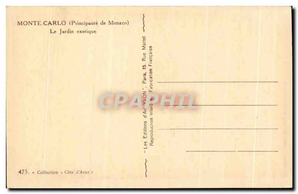 Monte Carlo (Principado de Mônaco) — O Jardim Exótico — Les Éditions d'Art VVON, Paris - Verso