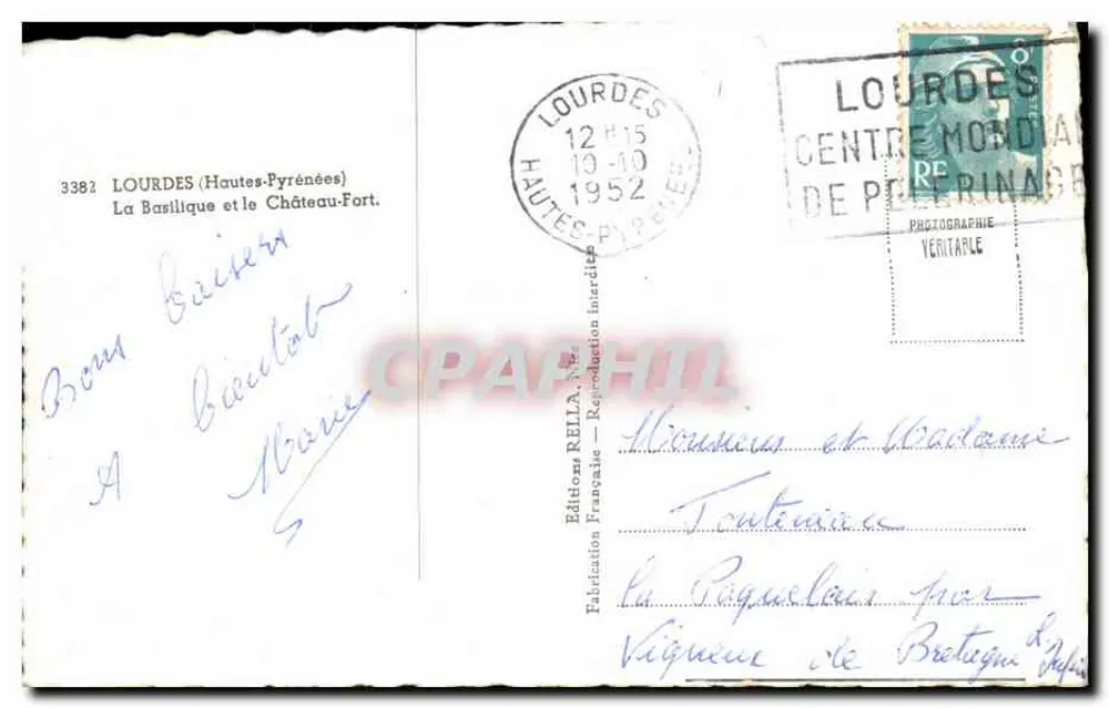 Lourdes — Die Basilika und der Festungsburg — Éditions Rella, n° 3382 - Rückseite