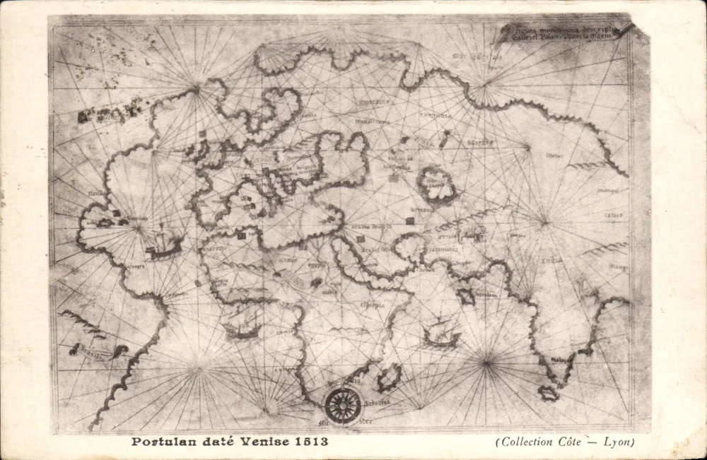 Carta postal imitando uma carta de navegação de Veneza — 1513 — Coleção Côte — Lyon - Frente