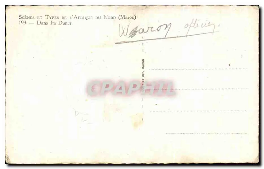In den Dünen — Szenen und Typen Nordafrikas (Marokko) — Verleger: Imprimerie Inf. Macon - Rückseite