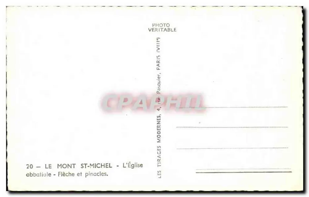 O Monte Santo Michel — Abadia, flecha e pináculos — Les Tirages Modernes, Paris - Verso