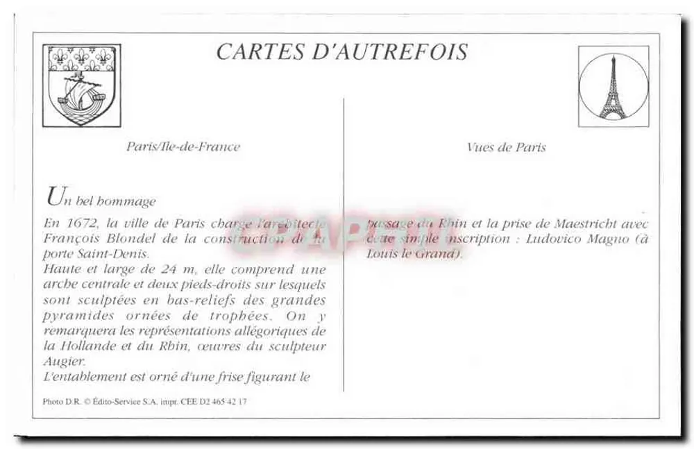 PARIS - Porta Saint-Denis — vista histórica — Édito-Service S.A. n° CEE D2 465-42 - Verso