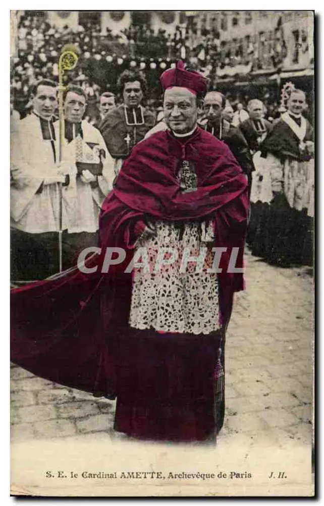 S.E. le Cardinal AMETTE, Archevêque de Paris — en procession, vêtu de pourpre, avec croix et chapeau rouge, éditeur J.H. - Frente