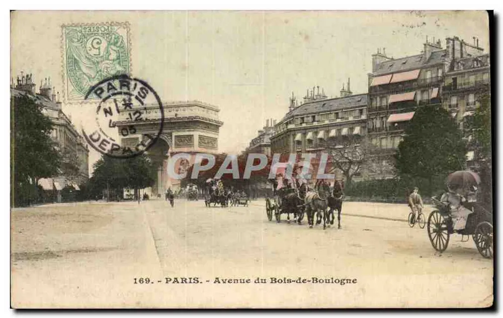 Paris - Avenue du Bois-de-Boulogne — städtische Ansicht mit Kutschen und Fahrradfahrer — n° 169 - Vorderseite