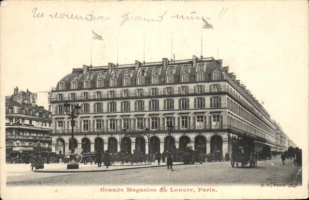 Grands Magasins du Louvre — façade imposante avec drapeaux — éditeur B.F., PARIS - Anverso