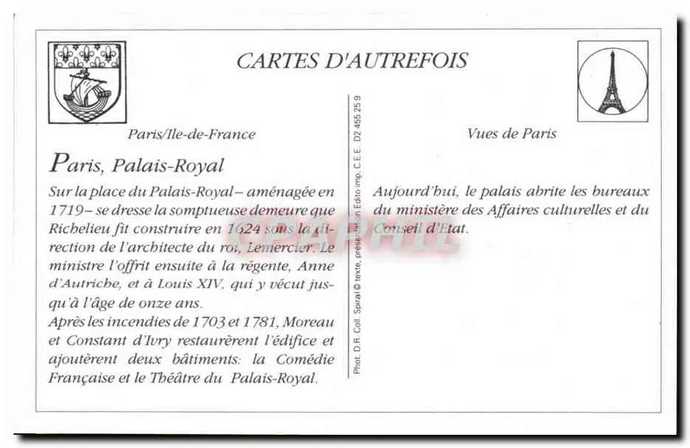 Parijs — De Place du Palais-Royal — Antieke ansichtkaart - Achterkant