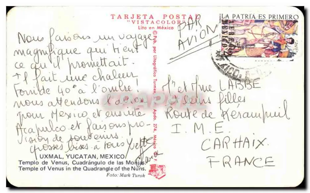 Uxmal — Tempel der Venus im Quadrat der Nonnen — Tarjeta Postal Vistacolor - Rückseite