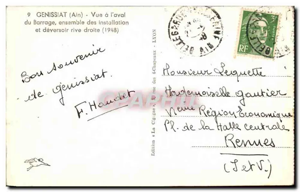 Genissiat (Ain) — Blick stromabwärts vom Staudamm und Abflusskanal auf der rechten Seite (1948) — Ausgabe « La Cigogne » Lyon - Rückseite