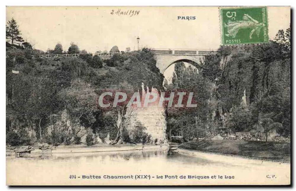Buttes Chaumont (19. Jahrhundert) — Die Ziegelbrücke und der See — Paris - Vorderseite