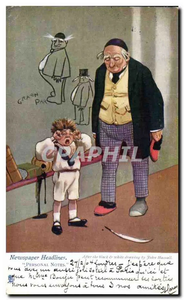 Pai e filho — caricatura humorística — desenho de John Hassall, editor 'Newspaper Headlines' n° 272/104 - Frente