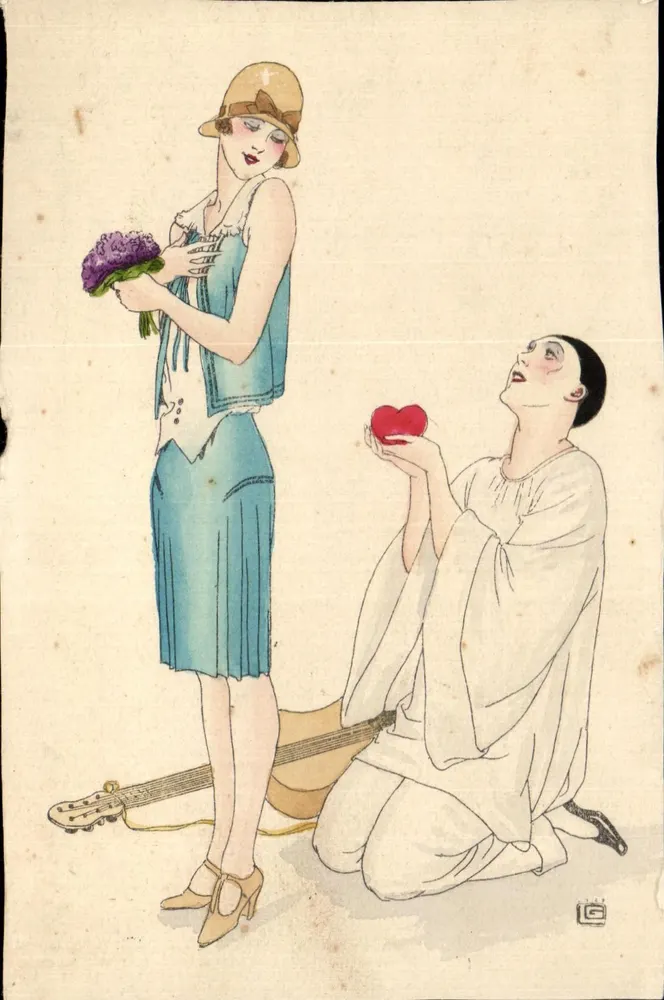 Jeune femme en chapeau — scène de séduction avec guitariste — éditeur G. C. (signature en bas à droite) - Frente