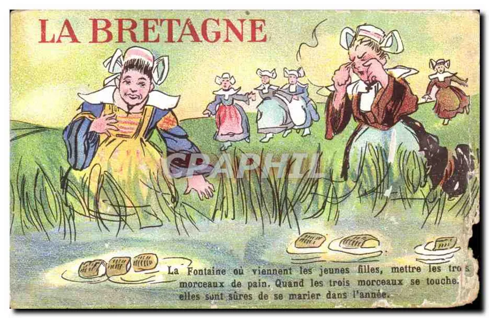 La Bretagne — scène de jeunes filles près d'une fontaine avec morceaux de pain — éditeur : L. & V. N° 14 - Anverso
