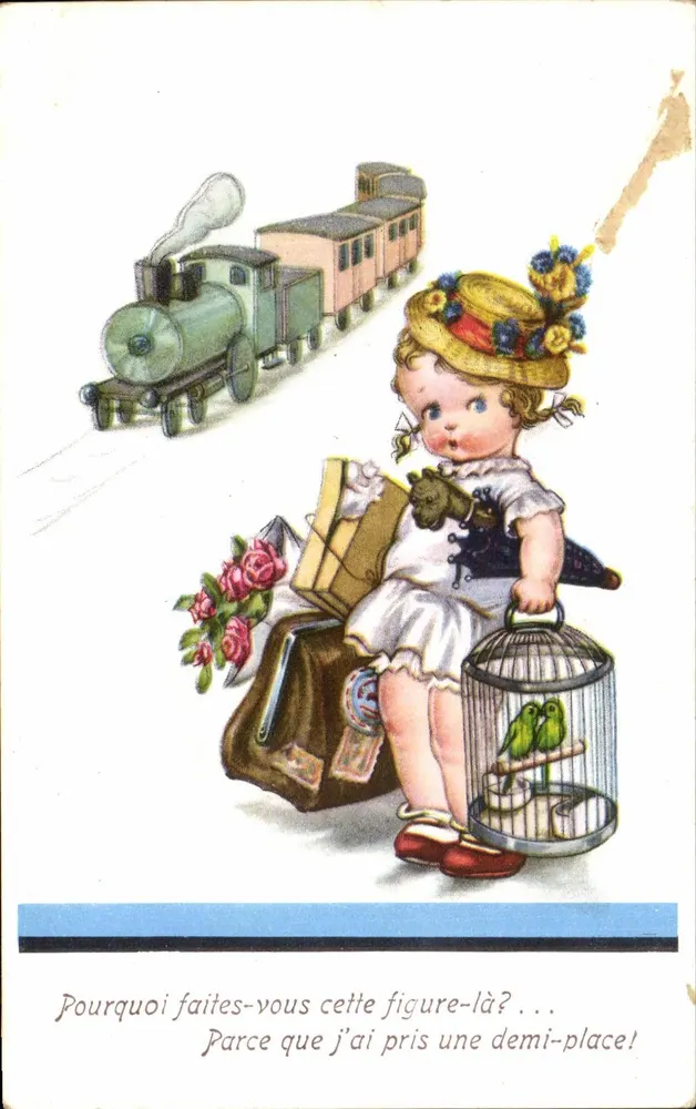 Petite fille avec cage à oiseaux — train en arrière-plan — éditeur non visible - Vorderseite
