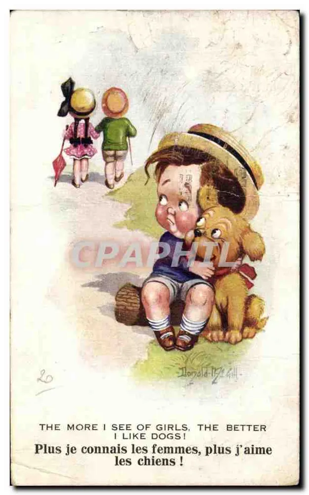 Criança com cachorro — Donald H. Gill — série 'Comico' — editor Tutor-Art Co. - Frente