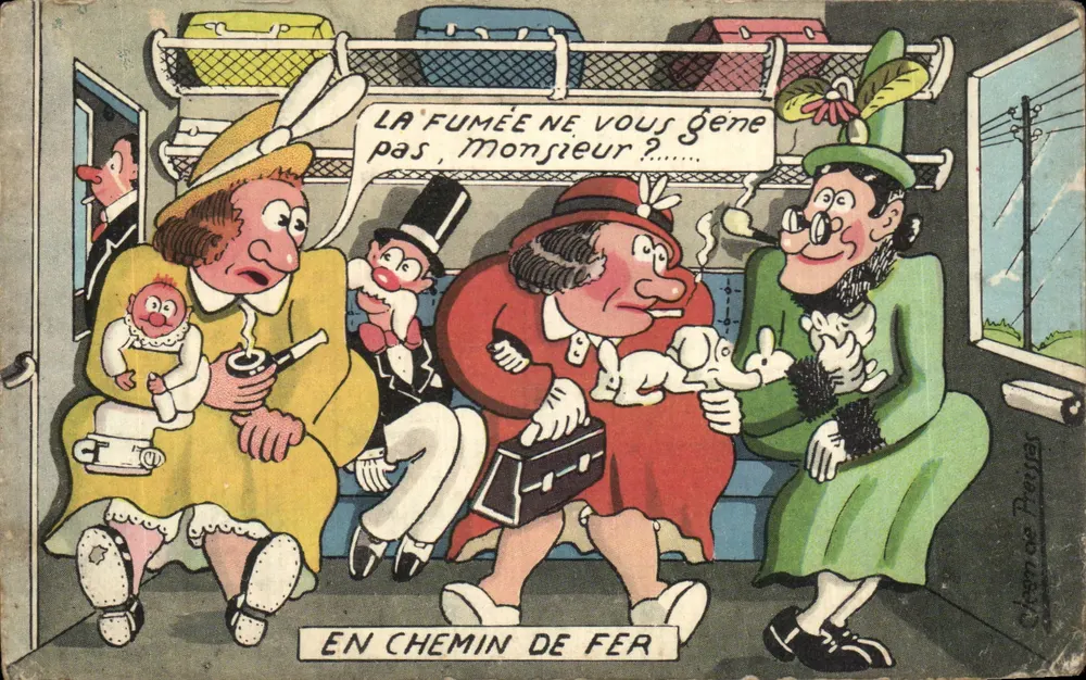 Scène de train — caricature de voyageurs fumant — éditeur Cheen de Peijer - Vorderseite