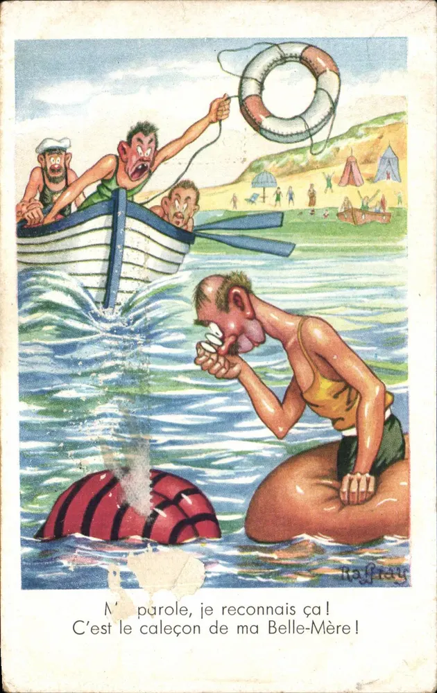 Baignade comique — caricature de Raffaelli — éditeur M. D. Paris - Frente