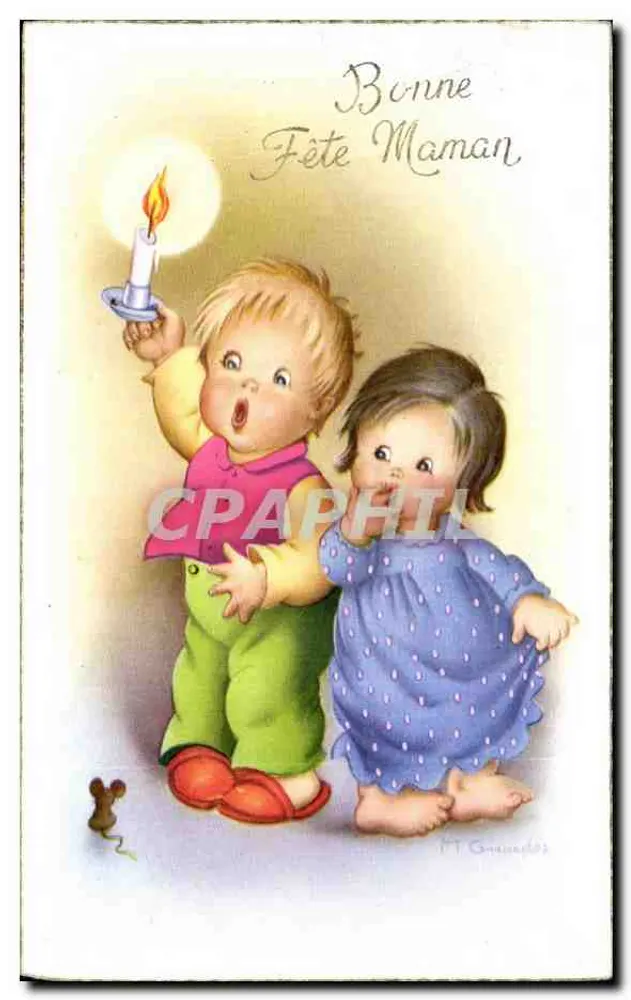 Zwei Kinder — ein Junge mit einer Kerze, ein Mädchen neben ihm — Happy Birthday Mom, Verlag M.D. Paris, Serie 4070 - Vorderseite
