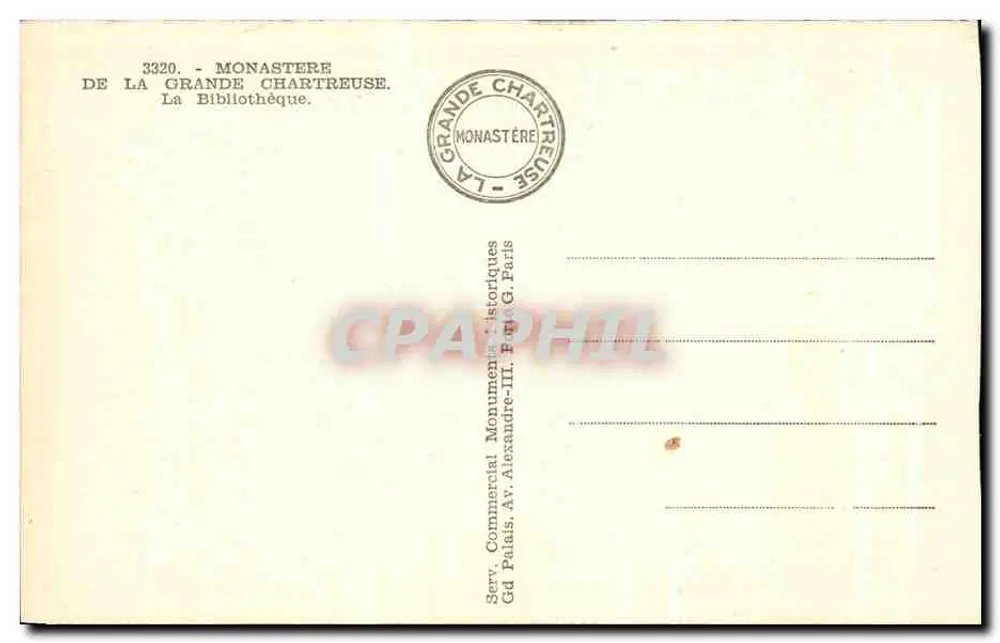 Biblioteca — Mosteiro da Grande Chartreuse — editor Serv. Commercial Monument Historiques - Verso
