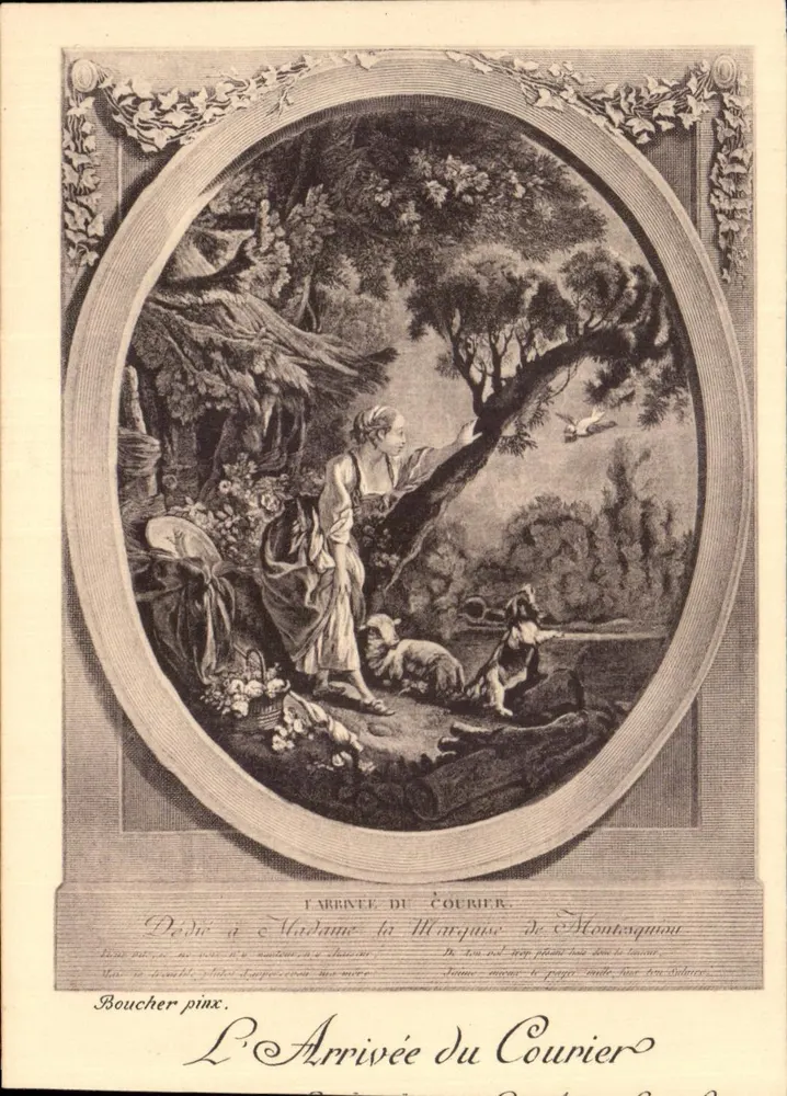 A Chegada do Correio — gravura de Boucher — dedicada à Sra. Marquesa de Montesquieu - Frente