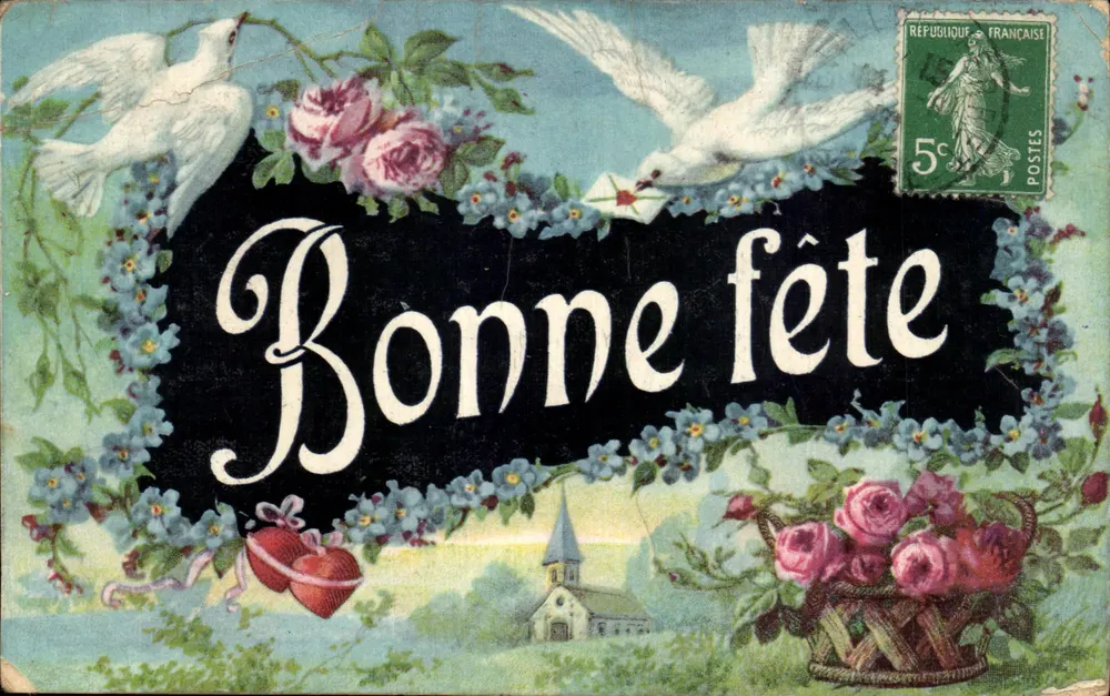 Deux colombes et roses — scène champêtre avec église — éditeur Union Postale Universelle, série 2004 - Vorderseite
