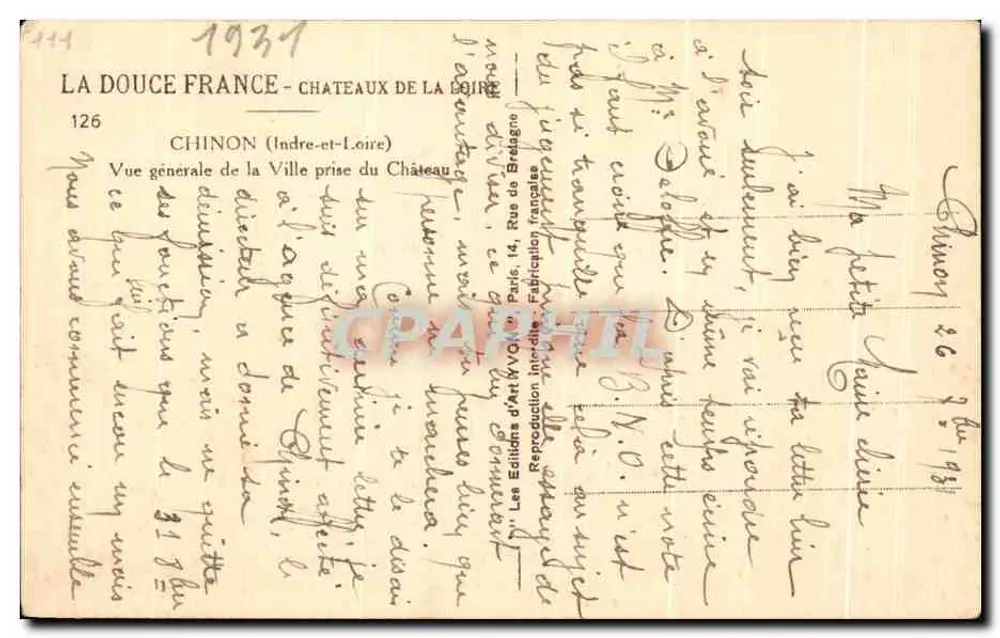 Chinon (Indre-et-Loire) — Allgemeiner Blick auf die Stadt vom Schloss — Éditions d'Art V.Q. n°126 - Rückseite