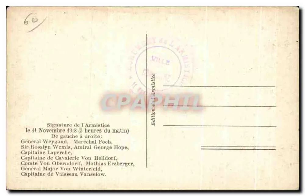 Signature de l'Armistice — 11 Novembre 1918 — Édition de L'Armistice - Verso