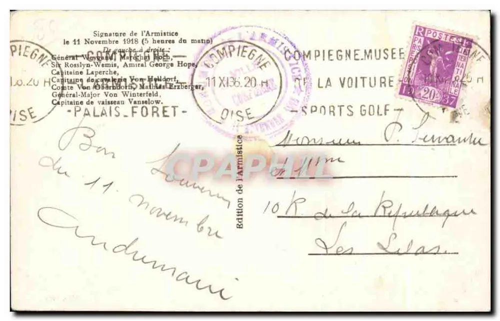 Signature de l'Armistice — scène dans un wagon de train — L'H., Paris - Rückseite