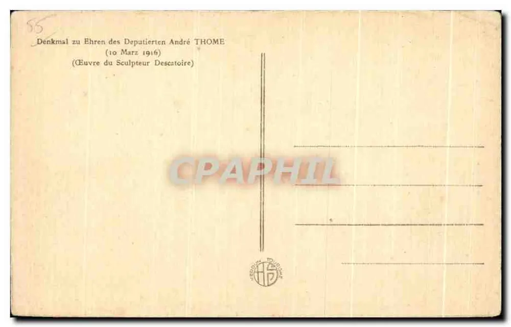 Douaumont - Der Soldat des Rechts — Gedenkstein für den Tod des Abgeordneten André Thome am 10. März 1916 — Verlag: H. G. (Drucker Douaumont) - Rückseite