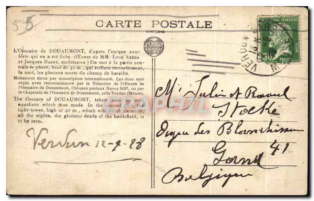 Ossuário de Douaumont — monumento erguido por subscrição internacional — Éditions Verdun - Verso