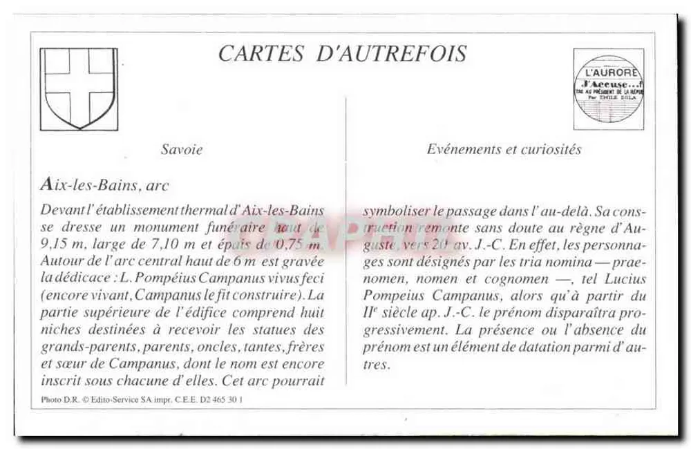 Aix-les-bains - Arc de Campanus — Souvenir — J.J. 998 - Verso