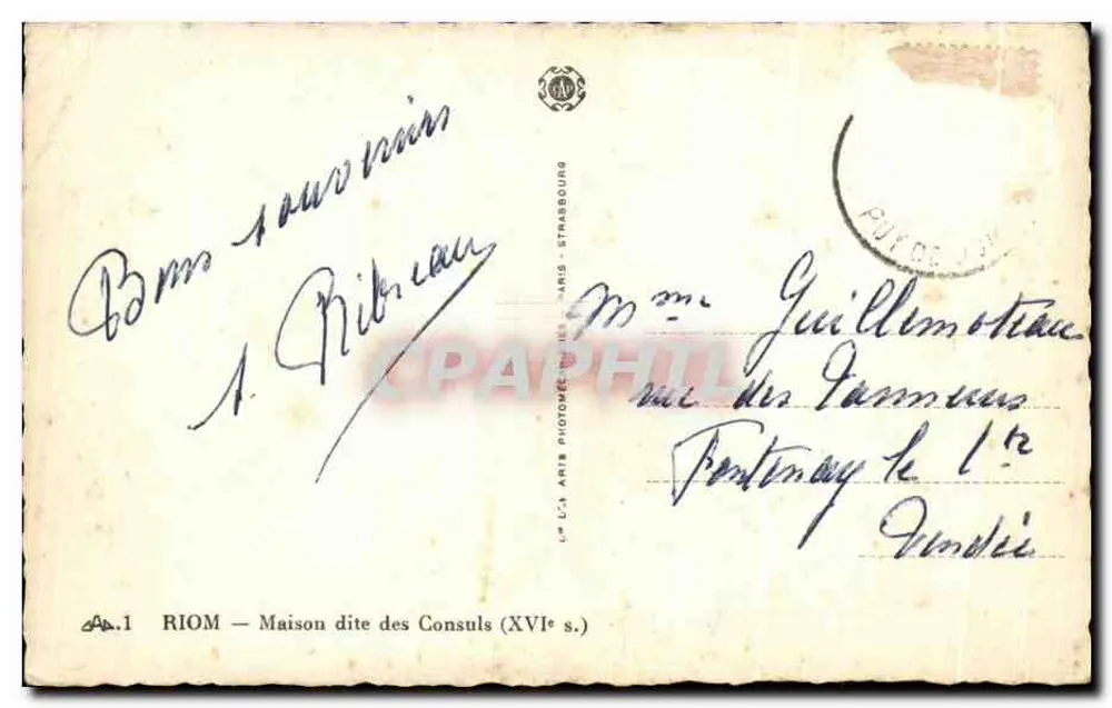 Riom — Casa conhecida como das Conselheiros (século XVI) — L'Art Photographique de Strasbourg - Verso