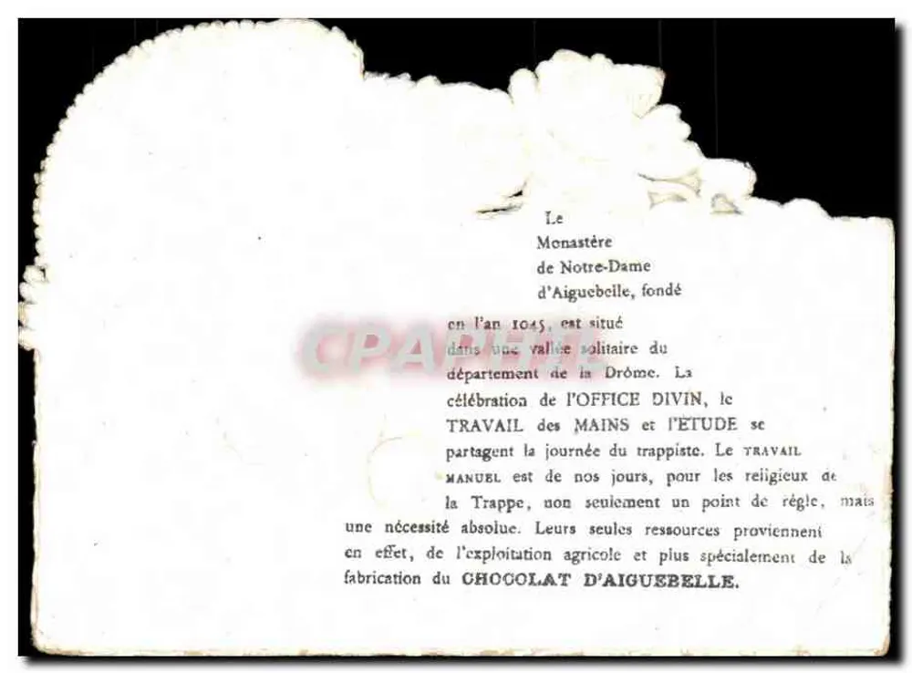 Mosteiro de Nossa Senhora d'Aiguebelle — Drôme — Editado pela Chocolaterie d'Aiguebelle - Verso