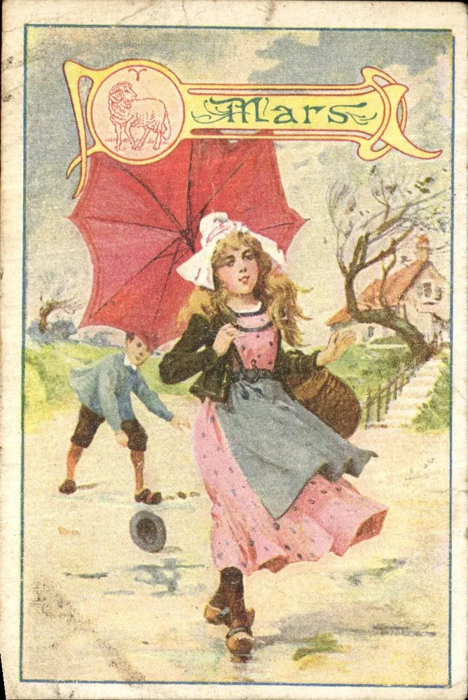 Frau und Kind unter einem Regenschirm — Frühlingsszene — Verlag Mars (mit Schaf-Logo) und nicht sichtbare Seriennummer - Vorderseite