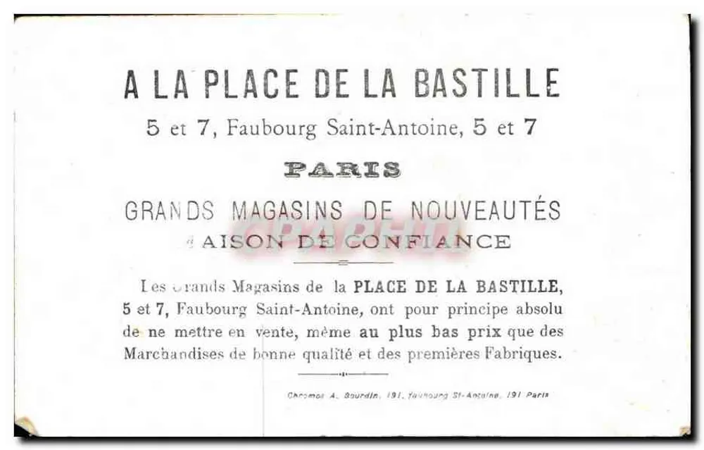 Am Place de la Bastille — 5 und 7, Faubourg St-Antoine — Chromos A. Bourdin, 191 Paris - Rückseite