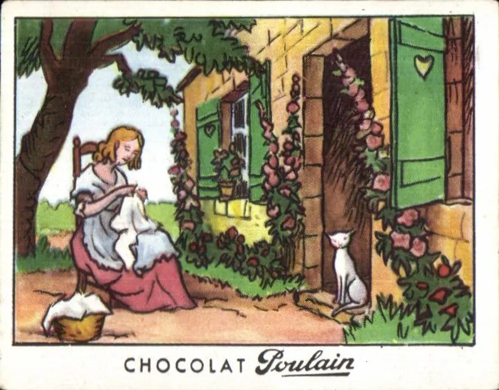 Menina costurando — cena campestre — Chocolat Poulain, série 42 - Frente