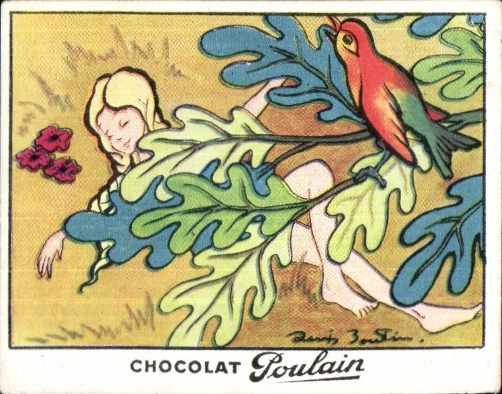 Niña durmiendo bajo un roble — pájaro rojo — Chocolat Poulain, serie 46 - Anverso