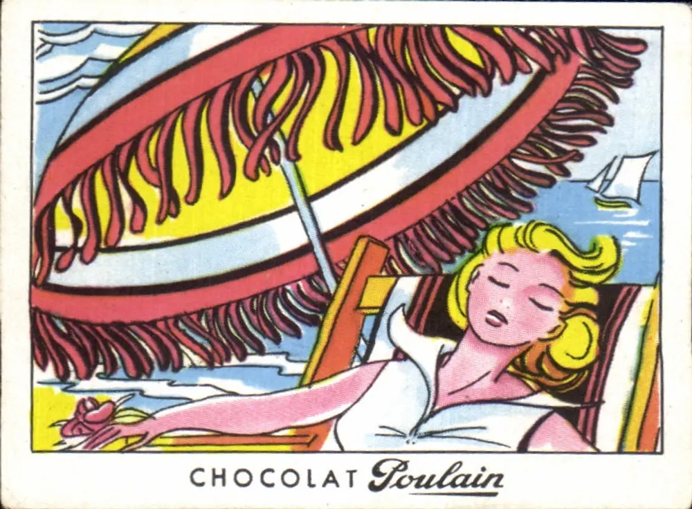 Mulher com guarda-sol — praia — Chocolat Poulain, série 30 - Frente