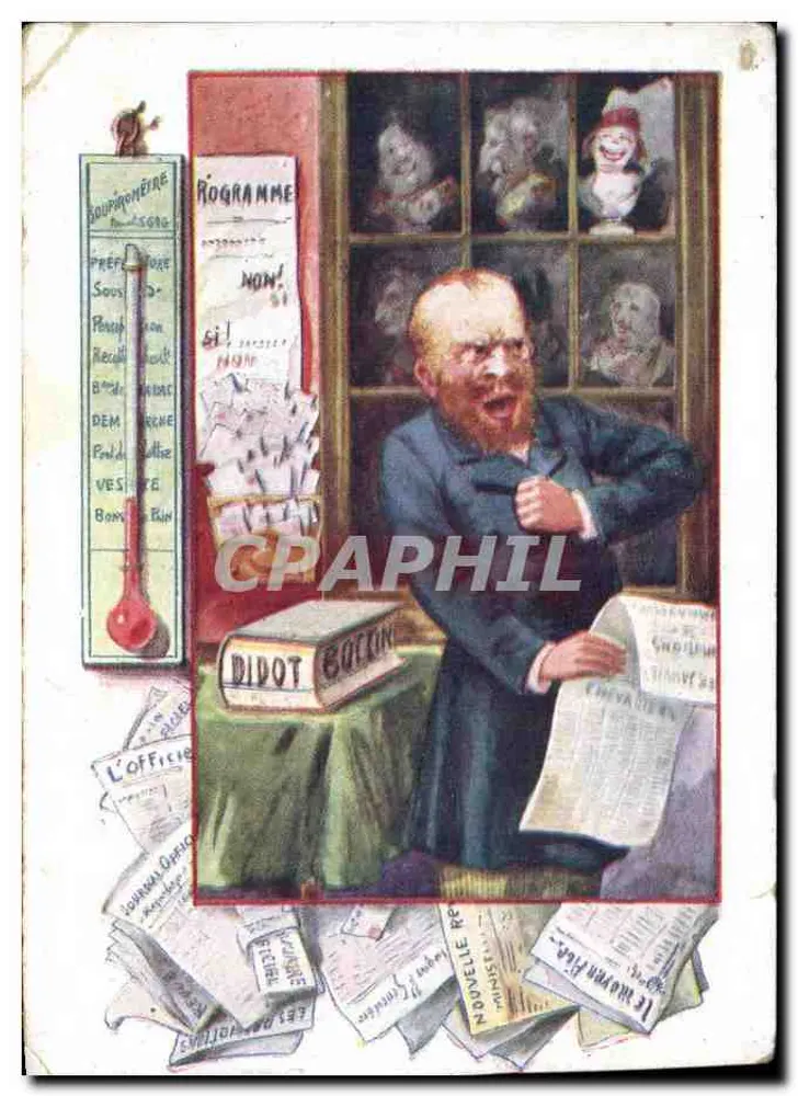 Salle de rédaction animée — caricature d'un journaliste en colère devant une fenêtre avec des marionnettes, éditeur DIVOT GACON - Vorderseite