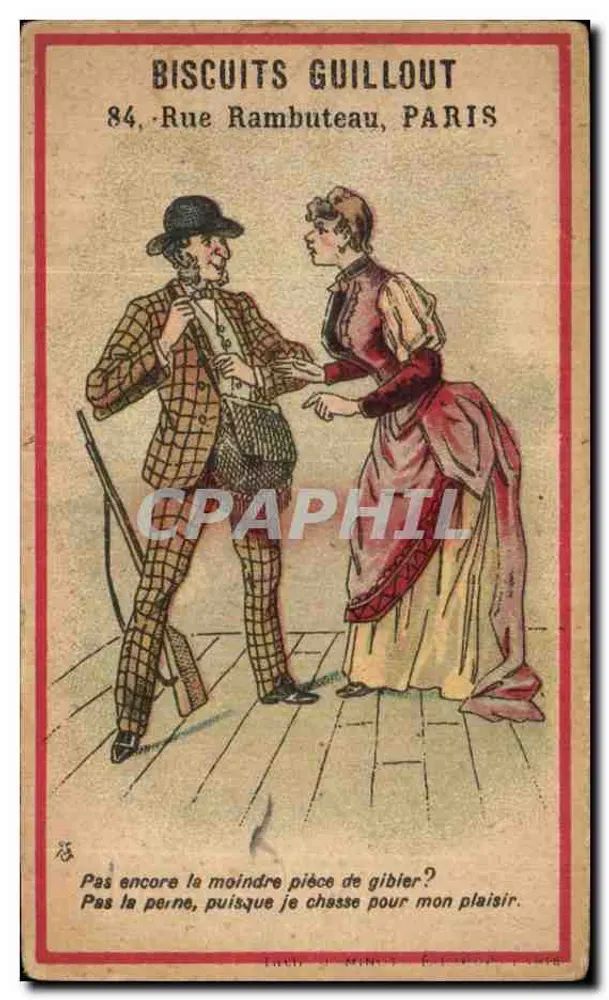 Mann und Frau in historischem Kleid — Werbung für Kekse von Guillout — Verleger J. Minot, Paris - Vorderseite