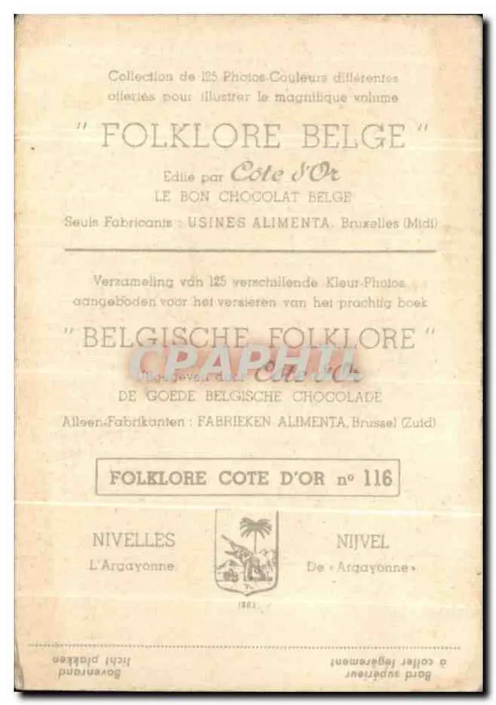 Mulher em traje folclórico belga — Coleção 'Folclore Belga' — Cote d'Or, n° 116 - Verso